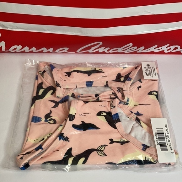 Hanna Andersson NWT Sunblock One Piece Swimsuit  Petal Pink Orcas Dolphins 80 - Picture 2 of 9